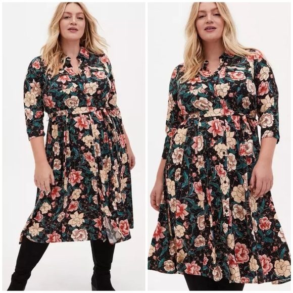 Torrid Floral Midi Challis Shirt Dress in Black - Picture 1 of 15